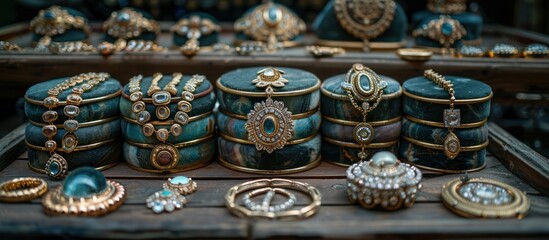 Antique artifacts and gold and silver jewelry, antiques collection concept