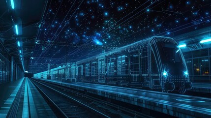 An abstract and futuristic depiction of a train station at night with a glowing grid overlay, showcasing the potential of digital technology in transportation.
