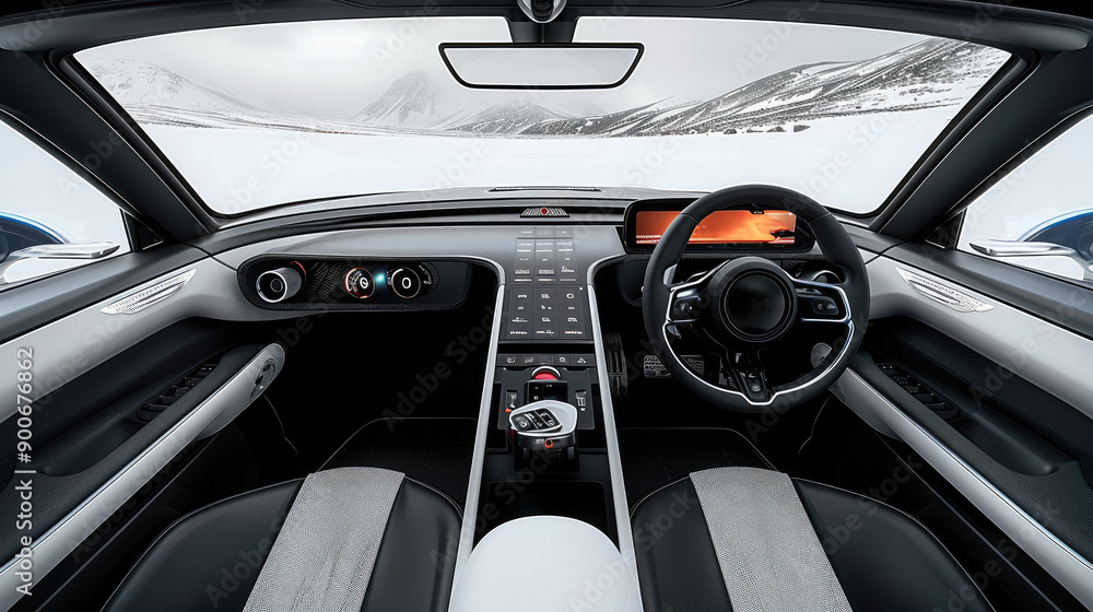 Poster a car front interior layout, showcasing its components in a line against a white background. generat