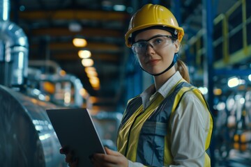 Happy face of a woman engineer manager leader in helmet, holding a laptop and looking directly at the camera in a productive manufacturing plant. Demonstrates leadership and technology in action.