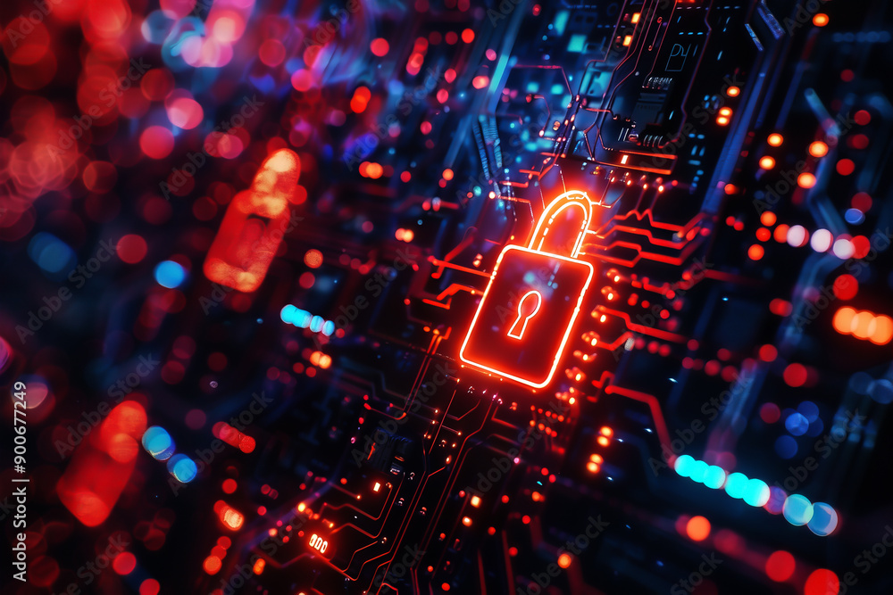 Aufkleber digital data security technology concept with glowing red padlock icon on a circuit board, represent