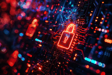 Digital data security technology concept with glowing red padlock icon on a circuit board, representing cybersecurity and network protection. high quality.