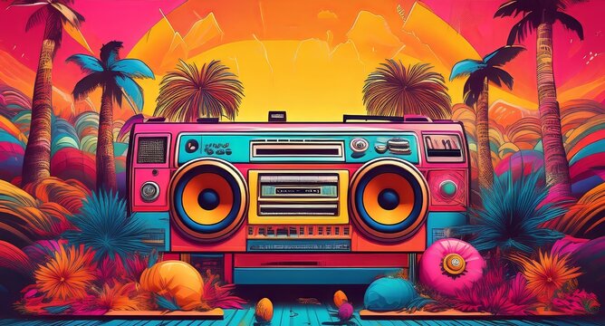  a nostalgic 90s-inspired scene with colorful clothing, a vintage boombox, and a playful, retro backdrop.
