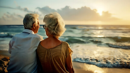 Elderly couple sitting on a beach, watching a serene sunset over the ocean, symbolizing love and togetherness in their golden years. high quality.