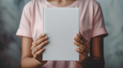 A person holding a blank white book in front of their chest.