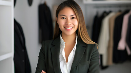 Professional young Asian saleswoman in a dark blazer, standing near a display in a modern clothing store, showcasing the latest fashion trends. Small business concept.