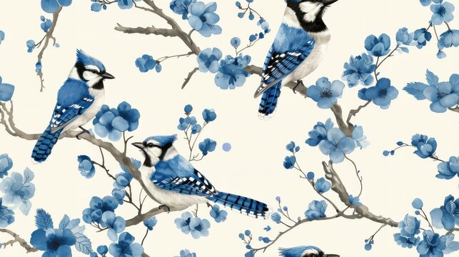 Chinoiserie blue blooms, grey blue jay birds pattern