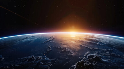 Fototapeta premium A view of Earth from space, with a black sky and blue horizon. Distant mountains can be seen along the horizon line. Generative AI.