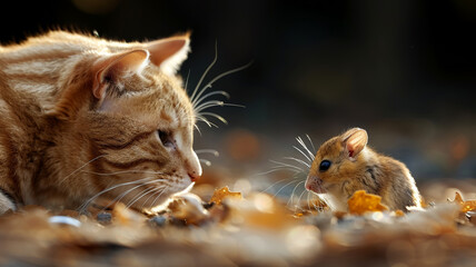 Kitten and mouse in a playful interaction, captured in close-up