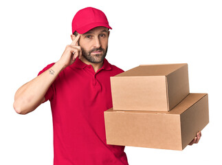 Hispanic male courier with boxes pointing temple with finger, thinking, focused on a task.