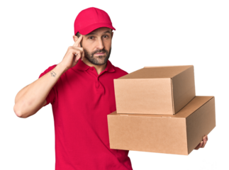 Hispanic male courier with boxes pointing temple with finger, thinking, focused on a task.