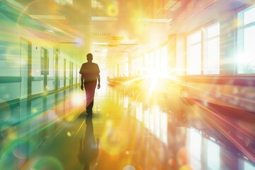 Lone Silhouette in Sunlit Hospital Corridor with Vibrant Light Effects