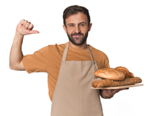 Hispanic male baker with bread tray feels proud and self confident, example to follow.