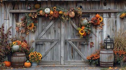 Rustic wooden barn door decorated with autumnal elements, including pumpkins, sunflowers, and lanterns.