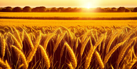 Ears of yellow wheat field against the backdrop of a golden sunset. Wheat field landscapes under bright sunlight. Rich harvest concept.