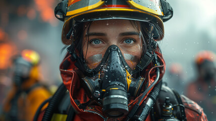 Firefighter girl with equipment close-up