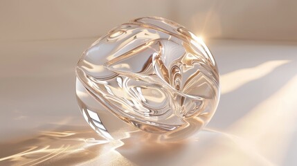 A clear glass sphere with intricate patterns reflects light, casting shimmering highlights on a white surface.