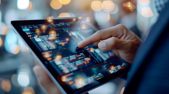 Navigating the Digital Metropolis: A businessman orchestrates a symphony of data, his fingertips dancing across a tablet screen illuminating the urban nightscape.