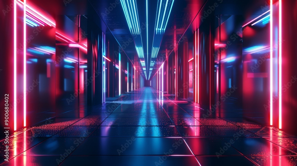 Poster a futuristic hallway with neon lights creating a vibrant and abstract scene. the bright colors and r