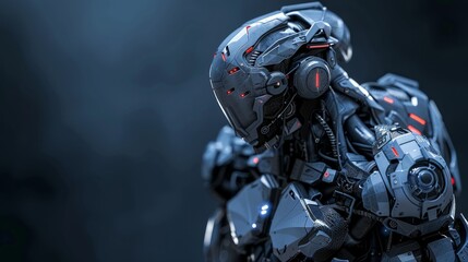 A futuristic robot in a sleek, gray exosuit stands against a dark, textured background.