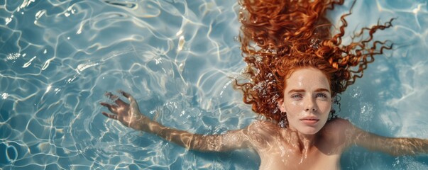 Redheaded Woman Floating in Clear Blue Pool Water with Long Wavy Hair Spread Out