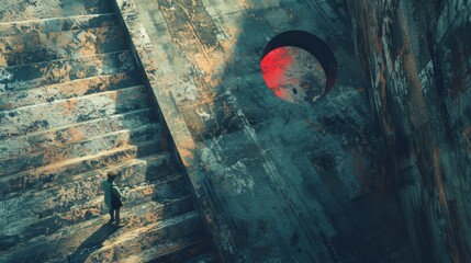 A lone figure ascends a weathered staircase towards a large, red-rimmed hole in a crumbling wall.