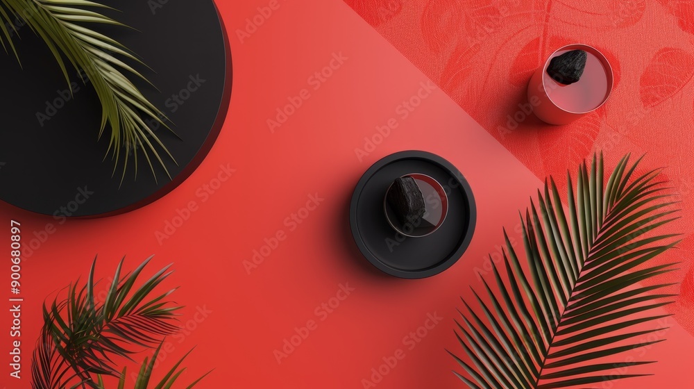 Poster a minimalist composition with black and red geometric shapes and palm leaves. perfect for branding o