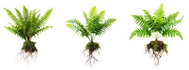 set of fern plant with roots isolated on transparent or white background