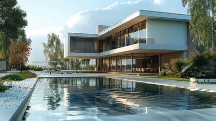 Clean and concise lines and colors to express the architectural characteristics of modern villas, leaving a spacious ground in the foreground. Generative AI.