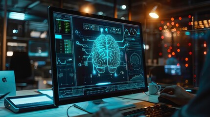 A computer screen displays a 3D model of a human brain with digital circuitry overlays, representing technological advancements in artificial intelligence.