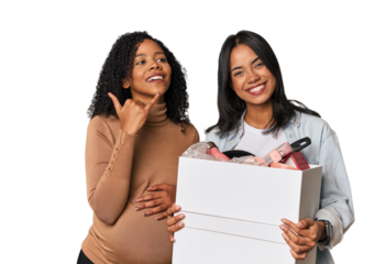Latin women couple moving, one pregnant  showing a mobile phone call gesture with fingers.