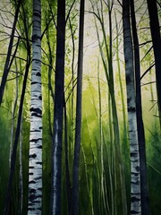 Watercolor trees on grunge texture background, green interior wallpaper. High contrast