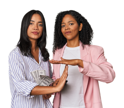 Latin businesswomen with money, phone showing a timeout gesture.