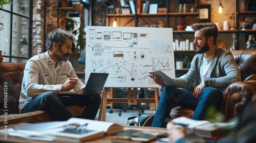 Poster two business professionals brainstorming with a whiteboard in a casual lounge area, focused and crea