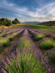 Fototapeta premium Lavender Fields at Sunset: A captivating view of a field of lavender in full bloom, bathed in the golden light of the setting sun, with the lush green foliage and rows of purple flowers.