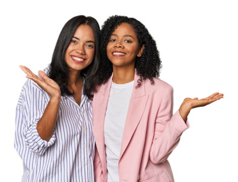 Young Latin businesswomen in studio makes scale with arms, feels happy and confident.