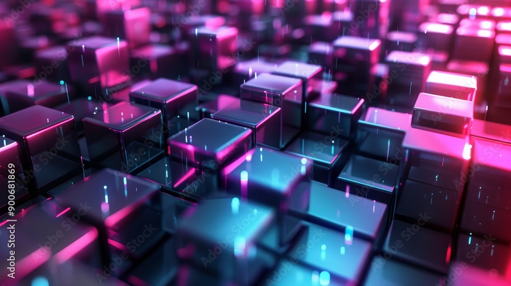 Poster abstract background of colorful cubes with glowing lights.