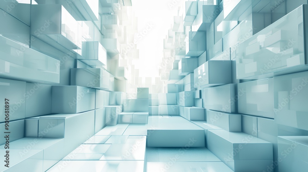 Poster abstract background with a futuristic design of white cubes and a bright light at the end.