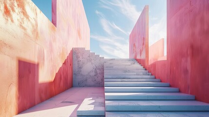 Abstract architectural stairway leading upwards against a backdrop of pink and yellow walls under a blue sky.