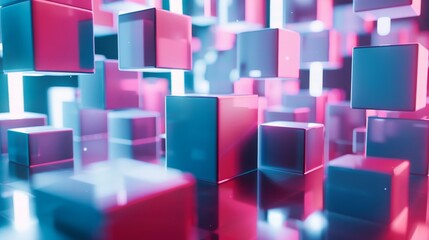 Abstract background of blue and pink cubes with glowing neon lights.