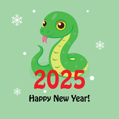 Happy New Year and Christmas card, symbol of the year snake, snow, snowflakes, 2025