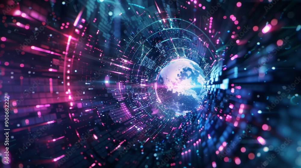 Poster abstract digital tunnel with glowing neon lights and a sphere in the center. the background is dark 