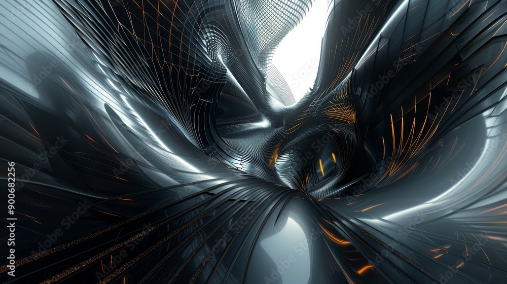 Poster abstract futuristic architecture with metallic walls and glowing lines.