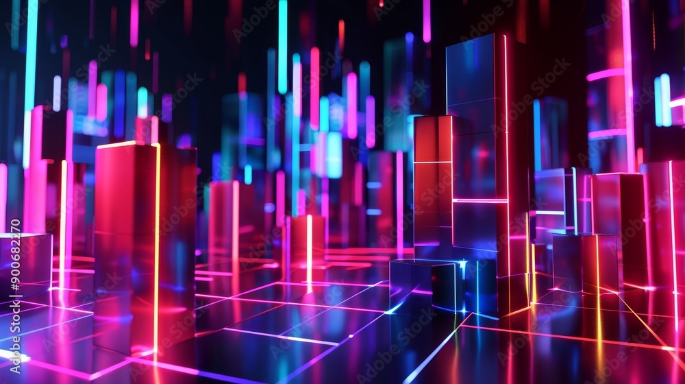Poster abstract futuristic city with neon lights and glowing skyscrapers. the image is filled with vibrant 