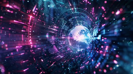 Obraz premium Abstract digital tunnel with glowing neon lights and a sphere in the center. The background is dark and the lights create a sense of depth and movement.