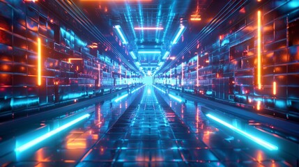 Fototapeta premium Abstract digital tunnel with vibrant blue and orange neon lights. futuristic, glowing, technology.