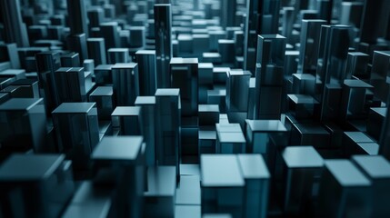 Fototapeta premium Abstract futuristic city skyline made of blue cubes. A digital art background.