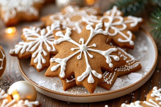 Delightful gingerbread cookies with white icing on a holiday setting, evoking the warmth of christmas