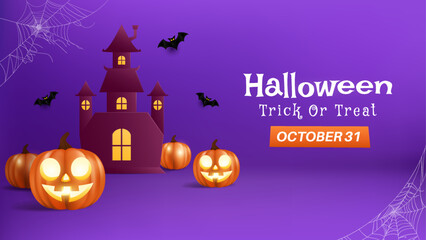 Halloween Promotion Poster or Banner Template. Features Cute Pumpkin, Candle, and Bat Elements. Perfect for Spooky Websites or Banners. EPS 10 Format.