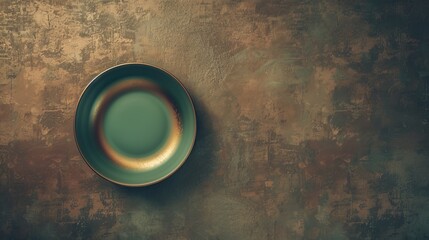 A single green plate sits on a rustic, textured surface, creating a simple and elegant food background.